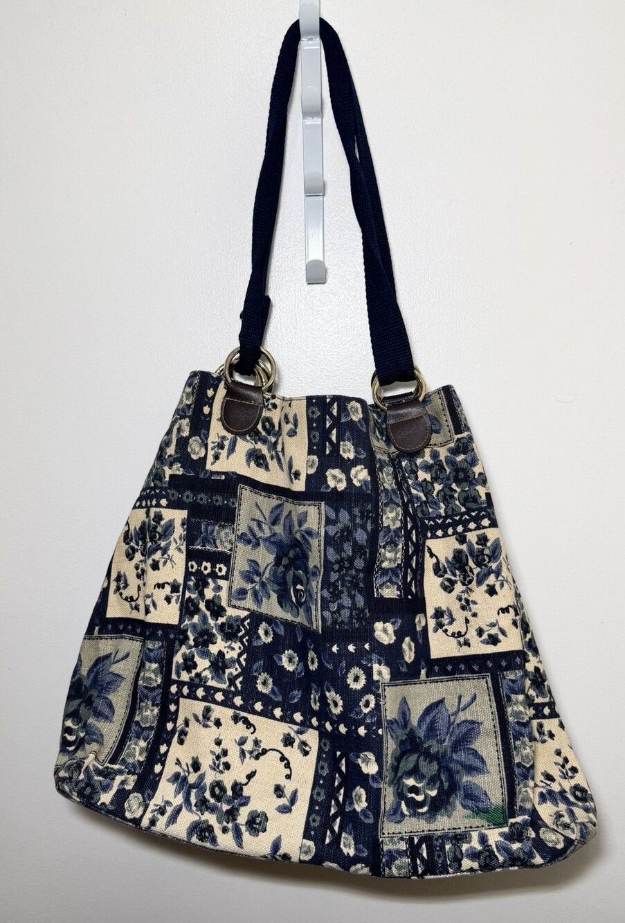 Vintage Gitano Blue Floral Patchwork Canvas Tote Shoulder Bag Cottagecore